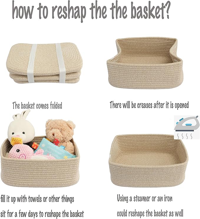 XUANGUO Small Woven Storage Baskets 12“X8”X5“ Decorative Rope Bins for Organizing Shelves, Closets, and Toys, Empty Gift Baskets, Cute Organizer Basket for Home and Office (oatmeal, regular)