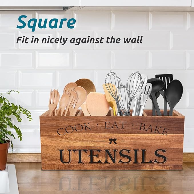 Suli Extra Large Kitchen Utensils Holder with 4 Compartments (Acacia Brown)