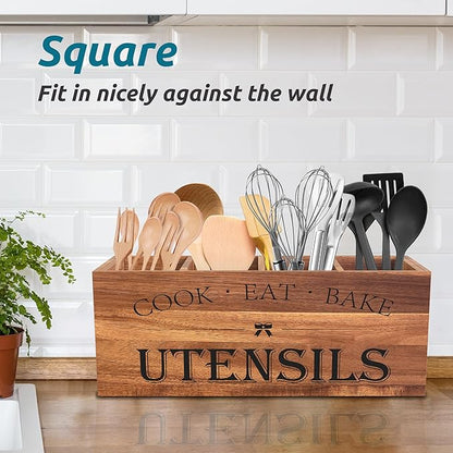 Suli Extra Large Kitchen Utensils Holder with 4 Compartments (Acacia Brown)