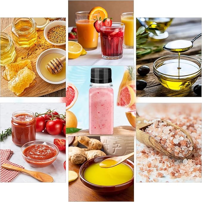 Qiuttnqn 50PCS 2oz Small Plastic Shot Bottles with Caps,Clear Empty Plastic Juice Bottles with 10 Funnels,Small Leak-Proof Juice Containers for Drink Milk Beer Coffee Liquid Beverages