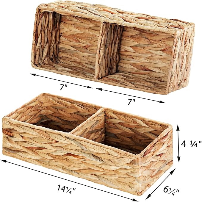 Vagusicc 2 Section Wicker Storage Basket, Set of 2 Hand-woven Water Hyacinth Storage Baskets, Toilet Tank Basket, Small Wicker Baskets, Woven baskets, Baskets for Organizing Storage Shelves, 2-Pack