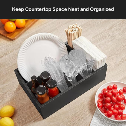 Black Utensil Holder for Party - Wooden Paper Plate and Utensil Caddy for Countertop - Silverware Caddy for Cup Fork Spoon Napkin - Cutlery Organizer for Kitchen Camping Buffet Picnic