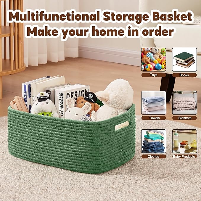 OIAHOMY Storage Basket for Shelves, Closet Cube Storage Bins Baskets for Clothes Blanket Towels, Baby Nursery, Toy Baskets Box, Woven Rope Basket, 15.75 * 11.81 * 7.09 IN, 2 Packs Olive Green