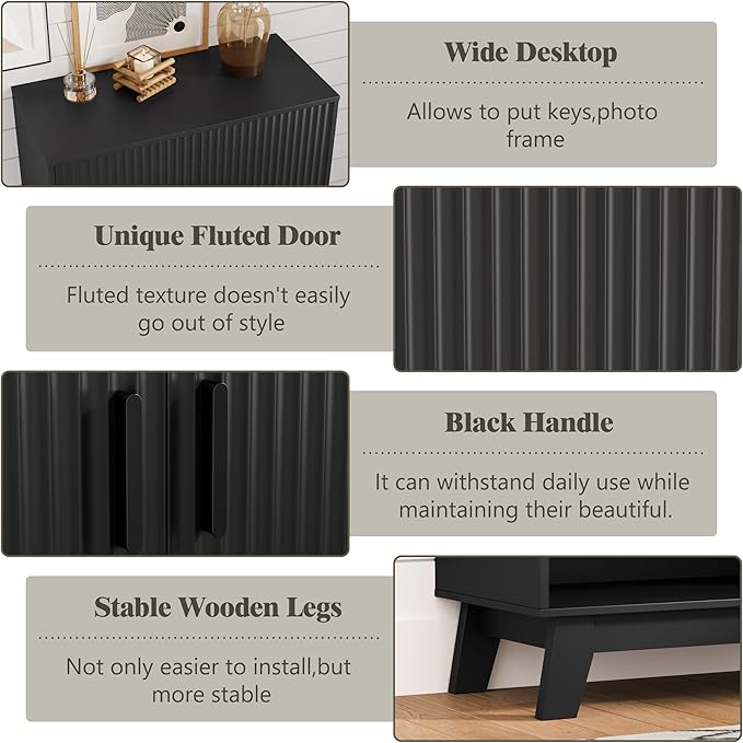 Shoe Cabinet Storage for Entryway, 5 Tier Fluted Shoe Storage Cabinet with Wooden Legs, Narrow Hidden Shoe Organizer with Adjustable Shelves, Freestanding Shoe Rack for Entryway, Hallway, Black