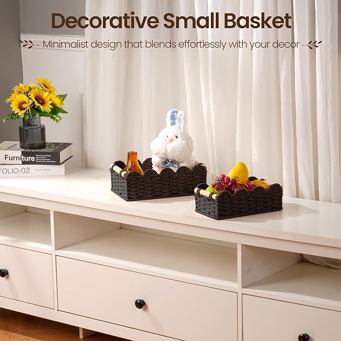 iEGrow Paper Rope Small Storage Baskets for Organizing, Set of 2 Scalloped Edge Wicker Basket with Wooden Handles Toilet Paper Basket for Over Toilet Storage Shelf, Home Decor, Living Room (Black)