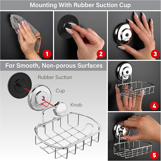 HASKO 2-Pack Suction Cup Soap Holder – Bar Soap Dish for Shower with Hooks for Bathroom – Optional Mounting with Adhesive Tape or Glue – Includes 2 Soap Savers – Polished Stainless Steel SS304