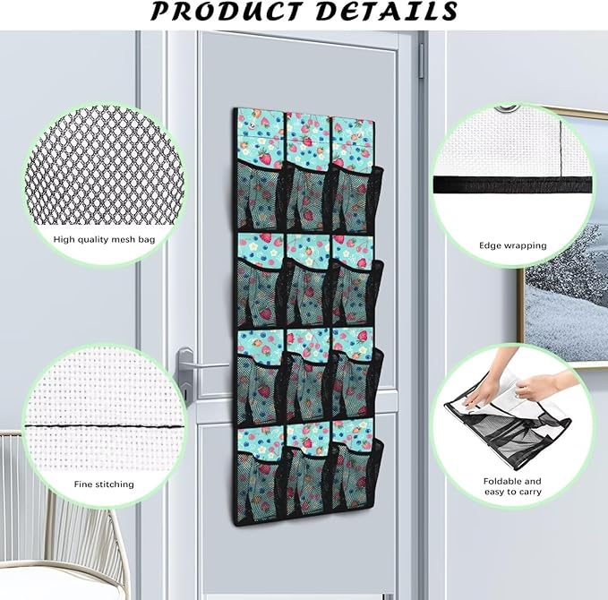 Over the Door Shoe Organizer 12 Large Pockets Strawberry Blueberry Hanging Shoe Organizer for Closet Sturdy Oxford Fabric Shoe Hanger