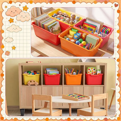 Dandat 16 Pcs Plastic Book Bins for Classroom Library Cubby Bins Scoop Front Stackable Toy Storage Tubs Containers for School Office Home Nursery Playroom Organization (Warm Series)