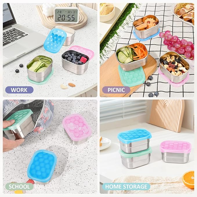 Tanjiae Snack Pro - Small (1 CUP) Stainless Steel Snack Containers for Kids | Easy Open Leak Proof Food Containers with Silicone Lids - Perfect Metal Toddler Lunch Box for Daycare and School (8oz)
