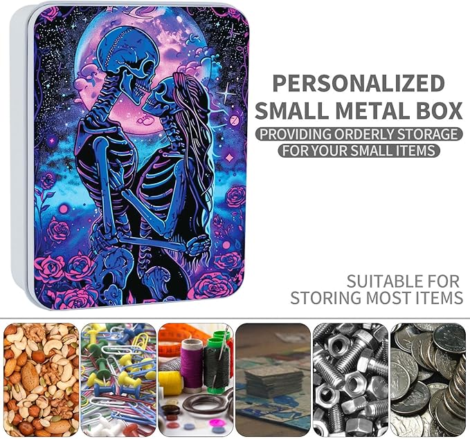 Metal Tin Box Sturdy Metal Storage Box with Lid, Large Container Holder for TCG Cards,Car Keys,Cookies,Tin Containers for Gift,5.0x3.7x1.6 Inch,Exquisite Pattern Design(Skeleton Couple)