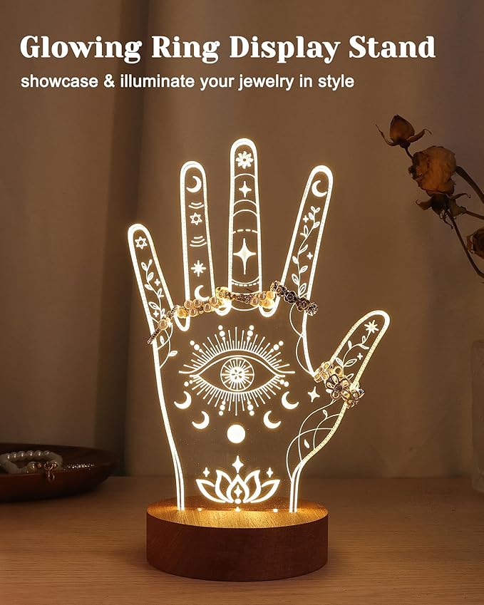 Attivolife Evil Eye LED Ring Holder Stand - Hand-Shaped Acrylic Jewelry Organizer Rack Bracelet & Ring Display for Women Friends Bestie