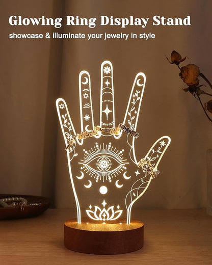 Attivolife Evil Eye LED Ring Holder Stand - Hand-Shaped Acrylic Jewelry Organizer Rack Bracelet & Ring Display for Women Friends Bestie