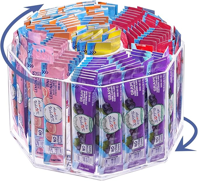 Drink Packet Organizer, 360 Degrees Rotating Acrylic Lazy Susan Organizer for Powdered Drink Mix Powder Packet, Water Flavor Packet Holder for Kitchen Pantry Storage, 5-Section