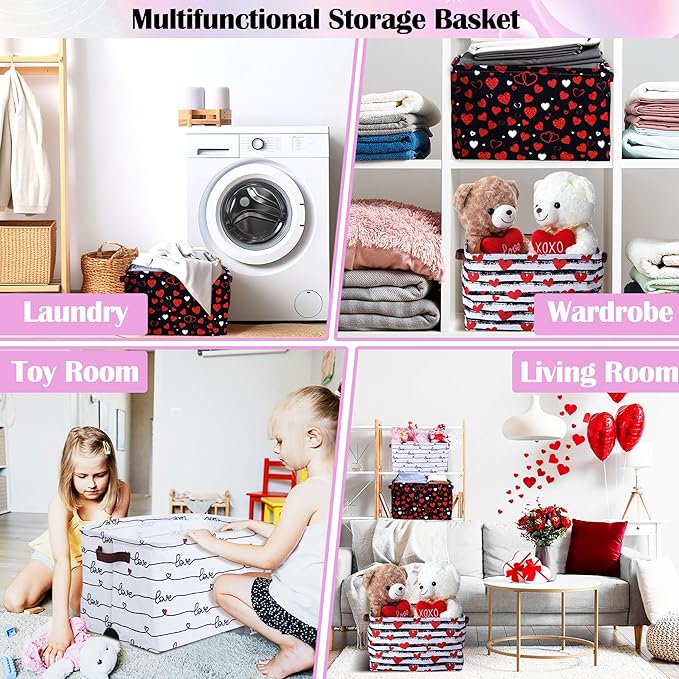Geelin 3 Pcs Valentines Baskets Storage Valentine's Day Basket for Gifts Collapsible Waterproof Canvas Red White Black Heart Storage Bin Organizer with Handles for Book Closet Shelf Nursery Decor