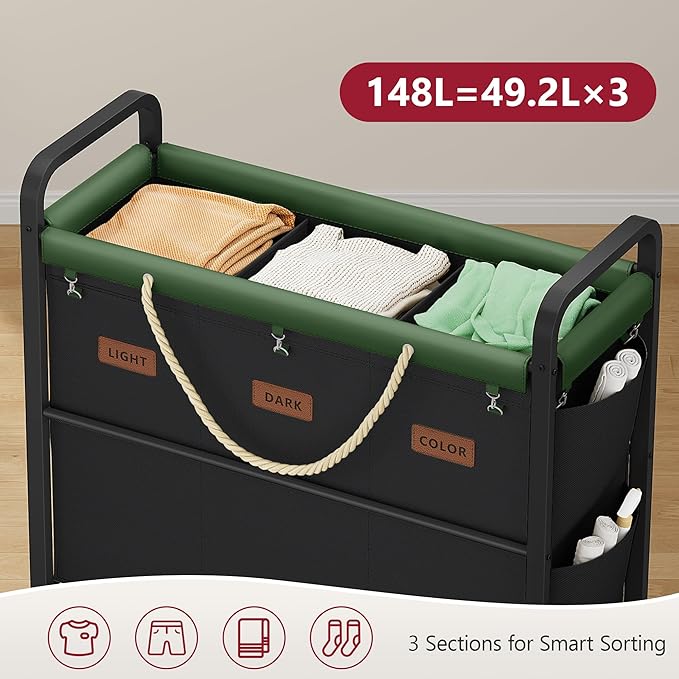 Tajsoon 148L Large Laundry Sorter 3 Section, Laundry Hamper with Heavy Duty Lockable Wheels, Rolling Laundry Basket with Super Sturdy Metal Frame and Handle, Removable Bags & Leather Patchwork, Black