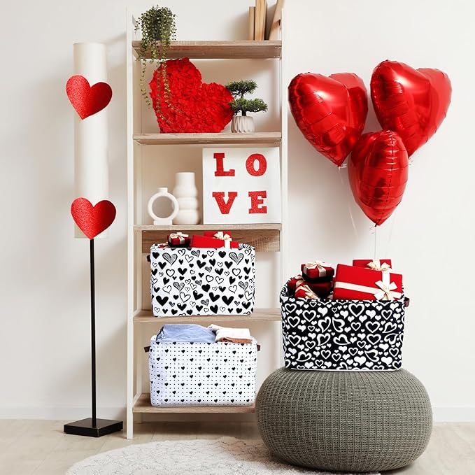 Geelin 3 Pcs Valentines Baskets Storage Valentine's Day Basket for Gifts Collapsible Waterproof Canvas Black and White Heart Storage Bin Organizer with Handles for Book Closet Shelf Nursery Decor