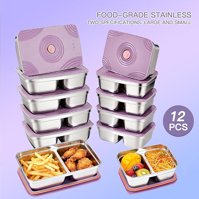 GIUOIDUO 12-Piece Stainless Steel Snack Containers Reusable, Grab and Go 2 Compartment Food Storage Containers with Leakproof Lids for Travel and Outdoor Camping School Lunch Prep Dishwasher Safe