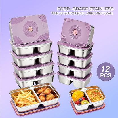 GIUOIDUO 12-Piece Stainless Steel Snack Containers Reusable, Grab and Go 2 Compartment Food Storage Containers with Leakproof Lids for Travel and Outdoor Camping School Lunch Prep Dishwasher Safe