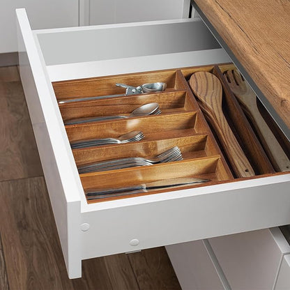 KITEISCAT Acacia Wood Silverware Organizer, Kitchen Utensil Drawer Organizer for Forks & Spoons, 7-Compartment Cutlery Tray, Flatware Holder