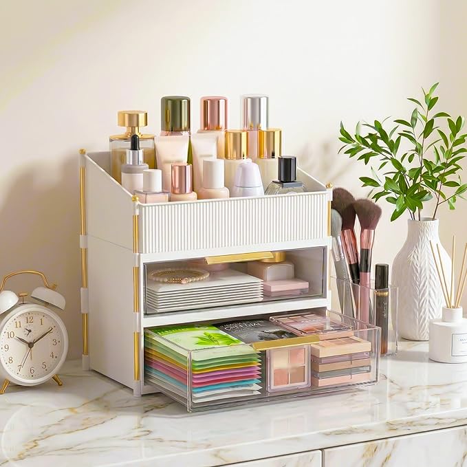 Large Capacity Makeup Organizer Countertop with Brush Holder, Vanity Skincare Perfume Storage Box for Bathroom, Mother's Day Birthday Anniversary Teen Girl Gifts for Women Mom