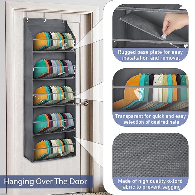 Hat Organizer for Baseball Caps - Hat Rack for Door - Hat Storage for Baseball Caps，Hat Holder on Wall, Clear Deep Pockets， 5 Tiers, Holds at Least 60 Hats, with 3 Hooks (Grey)