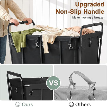 Hoctieon 2 Section Laundry Sorter Cart, 400L Rolling Hamper with Wheels, Industrial Laundry Basket Organizer, Extra Large Dirty Clothes Hamper for Home & Hotel, Heavy Duty, Black