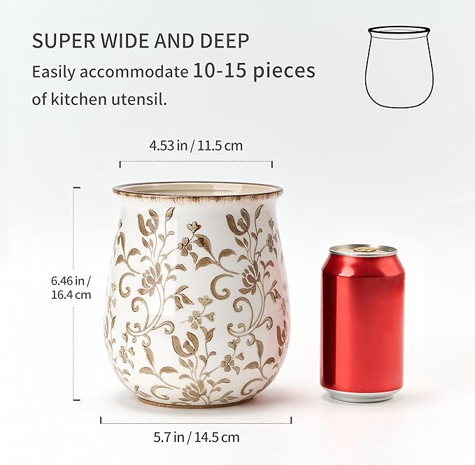 Utensil Holder for Kitchen Counter, Modern Farmhouse Cooking Utensil Holder and Crock Home Kitchen Decor, Ceramic Utensil Organizer for Spatula, Ladle, Eggbeater, Rolling Pin- Brown Flower Patterns