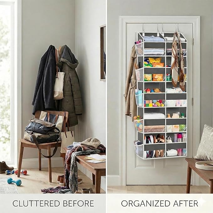 Dual Column Over the Door Organizer with Toiletry Bag - 5 Self Hanging Organizer with 10 Compartments - Heavy Duty Behind the Door Storage for Bedroom, Bathroom, Pantry, Nursery (Grey)