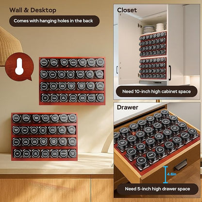 Bamboo Spice Rack Organizer with 28 Spice Jars, 780 Labels, 4 Tier Wood Hanging Shelf, Chalk Marker and Funnel Set for Drawer Cabinet Kitchen Countertop Wall Mount, Empty 4 oz Glass Jars-Cherry Stain