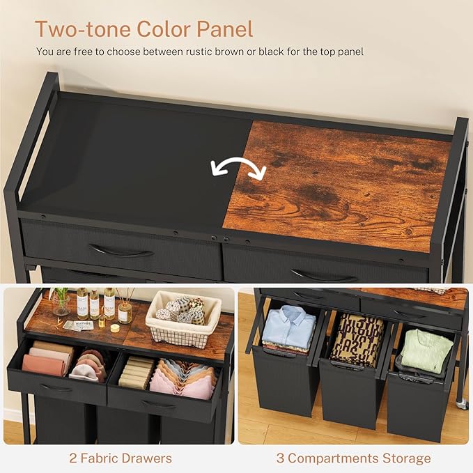 Laundry Sorter 3 Section, 120 L Laundry Hamper with 2 Drawers & 2-tone Top Panel, Rolling Laundry Basket Organizer with Pull-Out Removable Oxford Fabric Bags for Laundry Room Organization UNZYL006BVV3