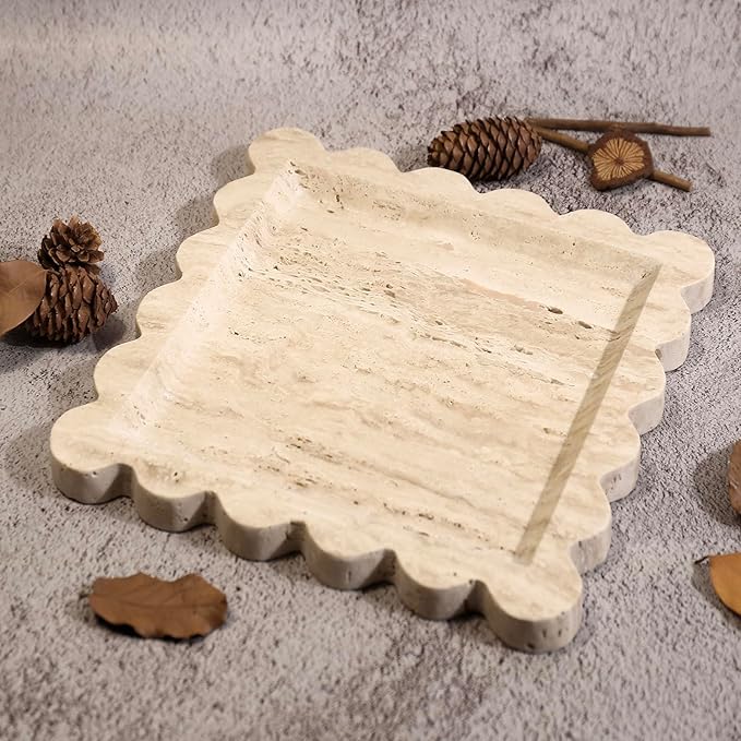Natural 100% Travertine Vanity Tray Luxury Scalloped Marble Tray, Italian Travertine Tray for Home Decor Bathroom Kitchen Candle Key (Square-9.8 * 9.8-Beige Travertine)
