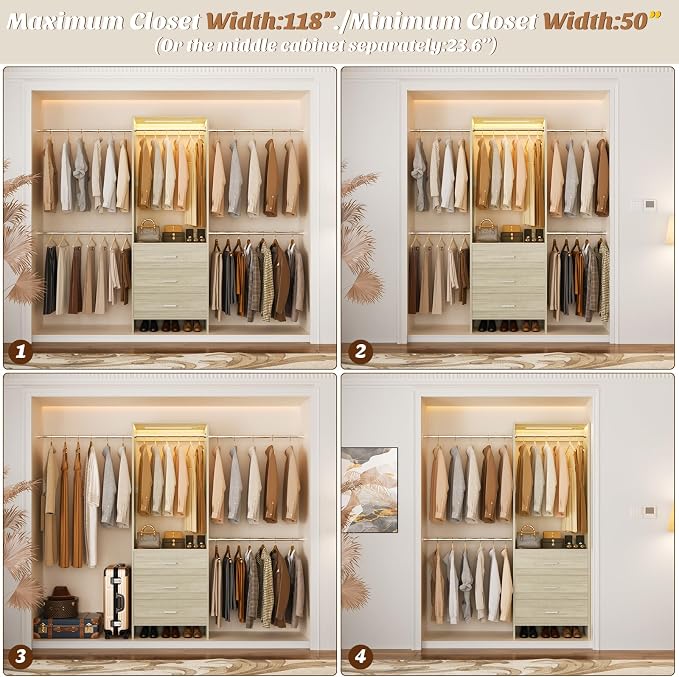 Aheaplus Closet System with Motion-Sensing Light, 3 Wooden Drawers and 4 Hanging Rods, Customizable Walk-in Closet Organizer with 3CCT LED, Heavy Duty Garment Rack for Bedroom, White Oak