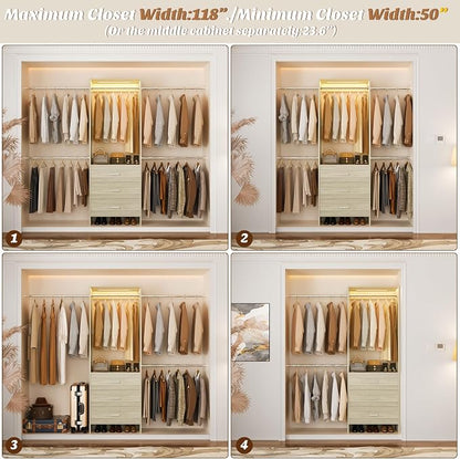 Aheaplus Closet System with Motion-Sensing Light, 3 Wooden Drawers and 4 Hanging Rods, Customizable Walk-in Closet Organizer with 3CCT LED, Heavy Duty Garment Rack for Bedroom, White Oak