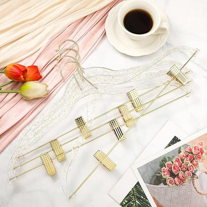 Hoolerry 10 Pcs Clear Gold Hangers with Clips Acrylic Glitter Hangers with Non Slip17 x 8 Inches Plastic Skirt Pants Storage and Organizer for Clothes Skirt Trousers Jeans(Gold)