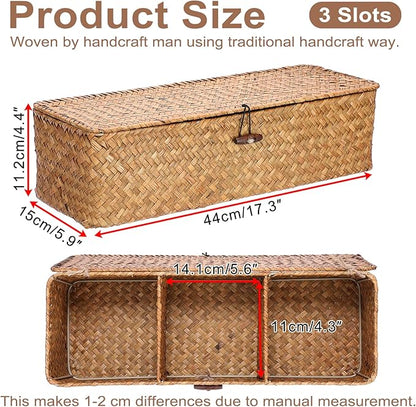 Hipiwe Handwoven Wicker Basket Box Rectangular Wardrobe Home Organizer with Lid 3 Sections Toilet Paper Holder Home Organizer for Tissue Snacks, Caramel