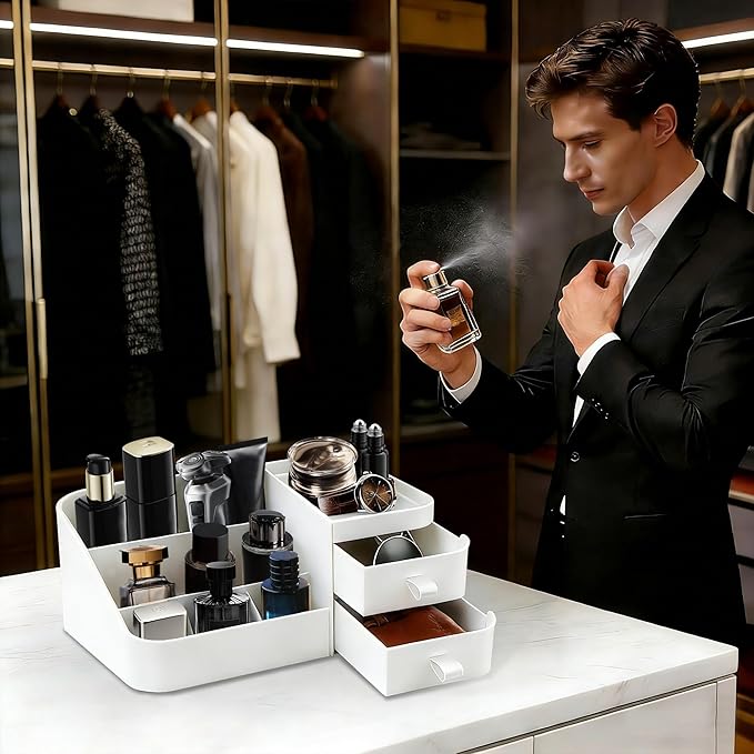 White Perfume Organizer for Men with Drawers, Cologne Organizer for Men, Mens Organizer for Cologne and Jewelry, Cologne Holder for Mens Dresser Bedroom, Bathroom Organizer and Storage