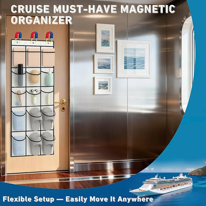 Cruise Magnetic Door Organizer with Hooks, 15 Large Pockets, Strong Anti-Scratch Magnets, Over-the-Door Hanging Storage for Cruise Cabin Essentials, Space Saving Cruise Door Organizer