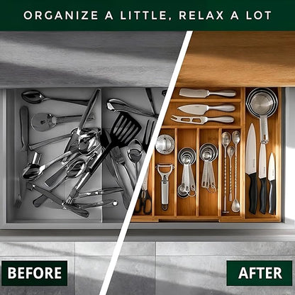 Bamboo Drawer Organizer – Expandable 9 Slot Silverware & Utensil Tray for Kitchen, Office & Kitchen –Fits 13”–19.6” Drawers, Natural Bamboo Wood, Deep Compartments - Durable & Eco-Friendly