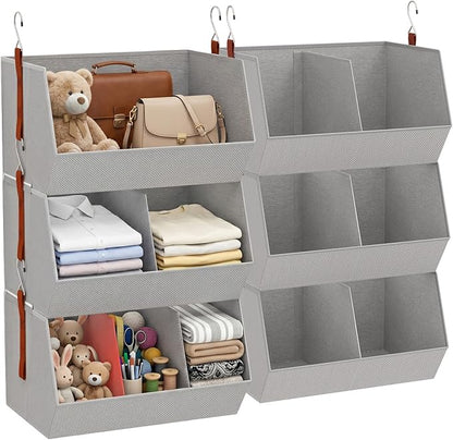 3-Tier Hanging Closet Organizer, Extra Large Fabric Closet Shelves with Zipper, Foldable Closet Storage Organizer for Clothes, Handbags, Socks, Underwear, Dorm Room and RV, Grey - 2 Pack