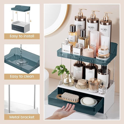 Delamu Bathroom Organizers and Storage, 2 Tier 2 Drawer Makeup Organizer Countertop, Easy to Install, Ideal for Bathroom Counter, Vanity, Blue
