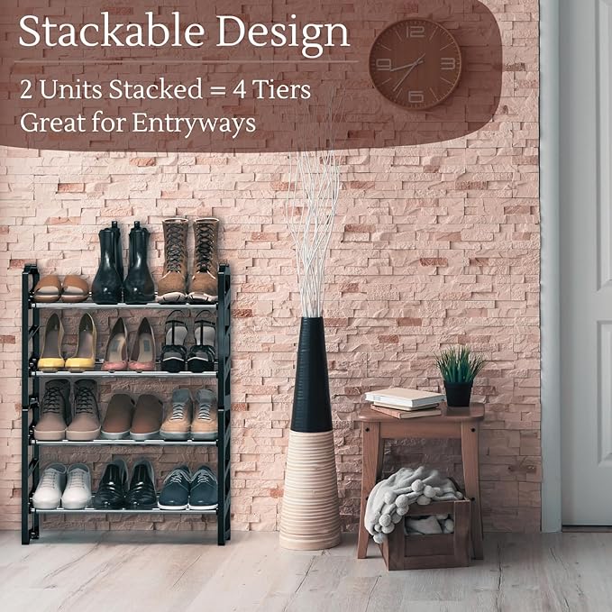 Simple Houseware 2-Tier Expandable (18''-34'') and Stackable Shoe Racks with Shelves for 8 Pairs of Shoes, Black
