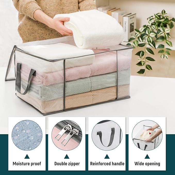 LANDNEOO 6-Pack Clothes Storage Bags, Plastic Foldable Blanket Storage bins, Closet Organizer Container for Bedroom, Bedding, Comforters, Pillows, and Clothing - 60L with Handles