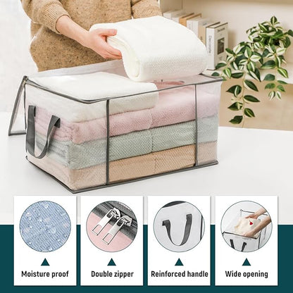 LANDNEOO 6-Pack Clothes Storage Bags, Plastic Foldable Blanket Storage bins, Closet Organizer Container for Bedroom, Bedding, Comforters, Pillows, and Clothing - 60L with Handles