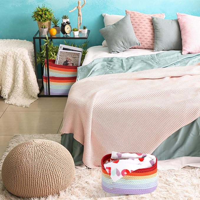Sawysine 6Pcs Colorful Cotton Rope Laundry Hamper, Portable Storage Basket with Handle for Bathroom, Bedroom, Living Room, 12'' x 8'' x 6''