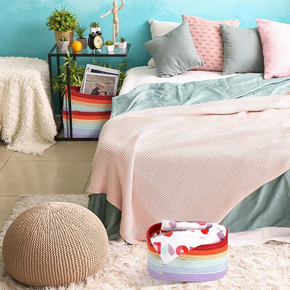 Sawysine 6Pcs Colorful Cotton Rope Laundry Hamper, Portable Storage Basket with Handle for Bathroom, Bedroom, Living Room, 12'' x 8'' x 6''