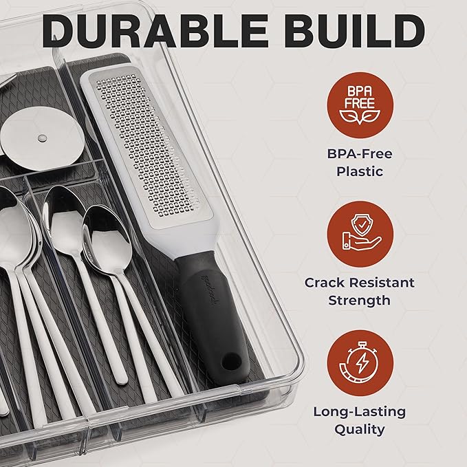 Masirs Expandable Utensil Drawer Organizer - BPA-Free Plastic Clear Silverware Tray with Multiple Compartments - Non-Slip Cutlery Storage for Kitchen, Bathroom, or Office Drawers (Black)