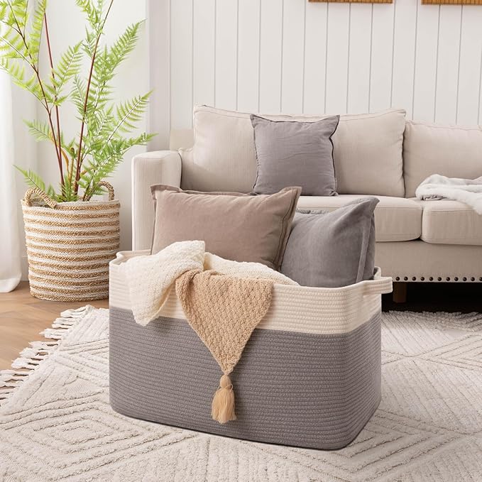OIAHOMY Extra Large Blanket Basket, 95L Cotton Rope Woven Laundry Basket, Toy Bin for Baby Room, Container for Blanket Storage in Living Room, 24''×17''×14'', Grey & White