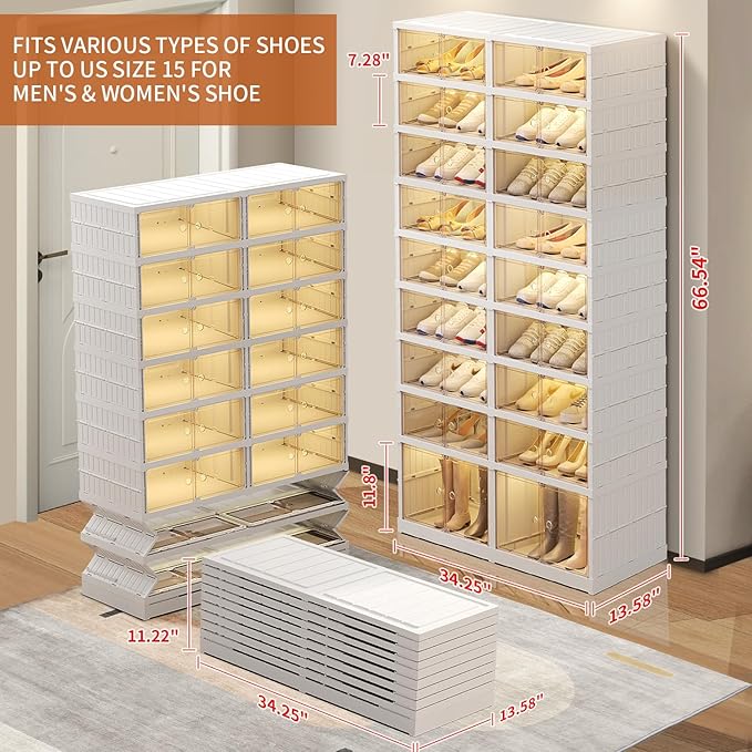 EHAMILY Foldable 9-Tier Shoe Rack Organizer for 18-36 Pairs - Collapsible Clear Plastic Shelf for Closet, Entrance or Front Door - Tall Stackable Folding Shoes Storage Boxes cabinet