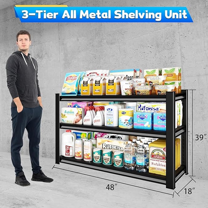 3-Tier Garage Shelving Heavy Duty，48" W Metal Shelving Unit for Garage, 1650 lbs Load Capacity Utility Rack Shelves＆ Garage Shelves, 48”W x 18”D x 39”H(Black)