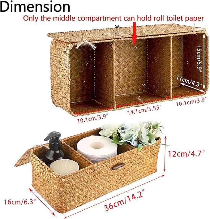 Hipiwe Seagrass Storage Basket Bin with Lid Rectangular Woven Shelf Baskets for Closets Pantry Bathroom Kitchen Shelf Organizing, Caramel,14.2" x 6.3''x 4.7''